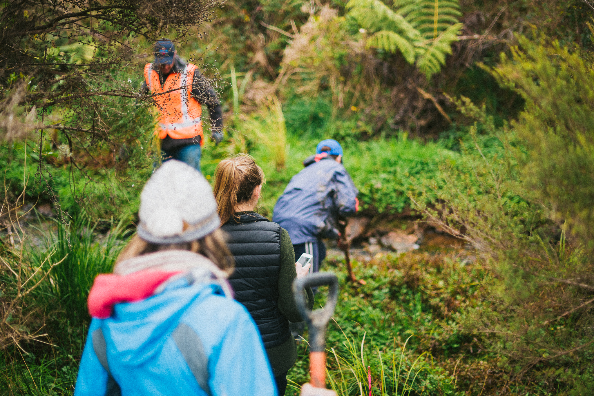 People walking alongside a stream with tools ready for planting