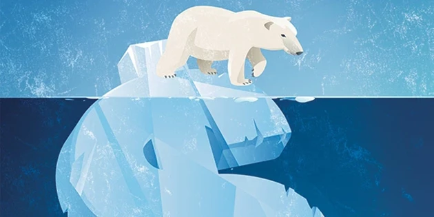 Polar bear on top of dollar sign shaped iceberg