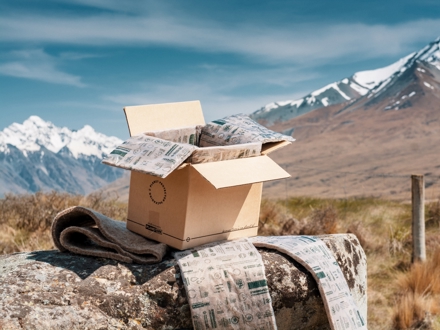Packaging displayed with snowy mountain backdrop
