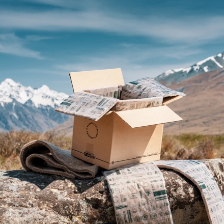 Packaging displayed with snowy mountain backdrop