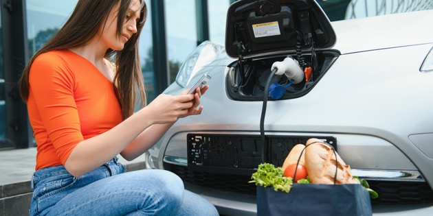 Woman with groceries charging EV 