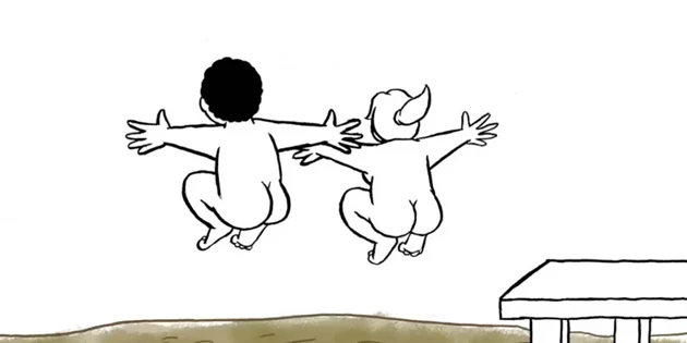 Drawing of two naked people jumping